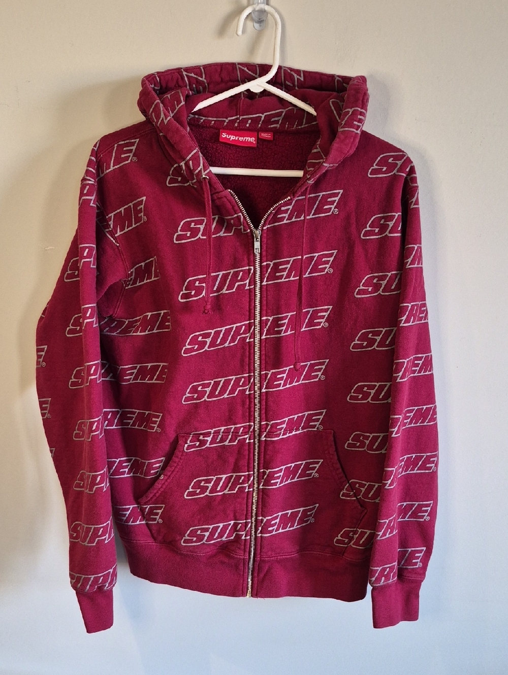 Supreme All-Over Logo Zip-Up Hoodie in Burgundy